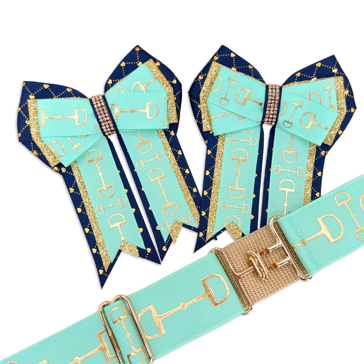 Navy, Gold & Aqua Bits Horse Show Bows & Belt
