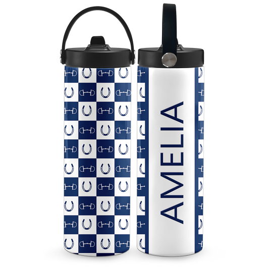 Dark Blue Equestrian Checkered 20 oz Aluminum Water Bottle