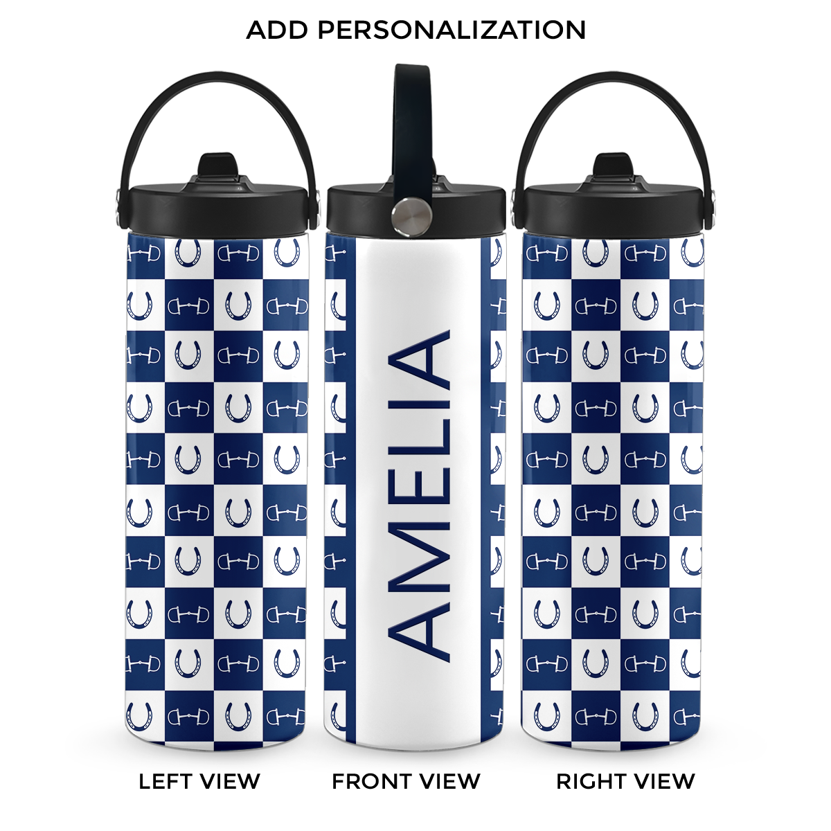 Dark Blue Equestrian Checkered 20 oz Aluminum Water Bottle
