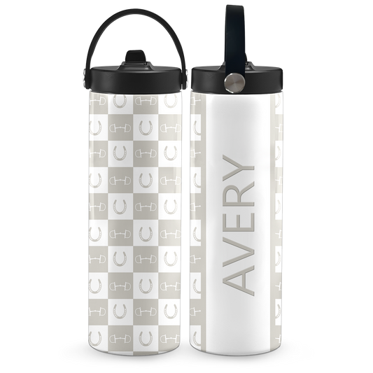 Grey Equestrian Checkered 20 oz Aluminum Water Bottle