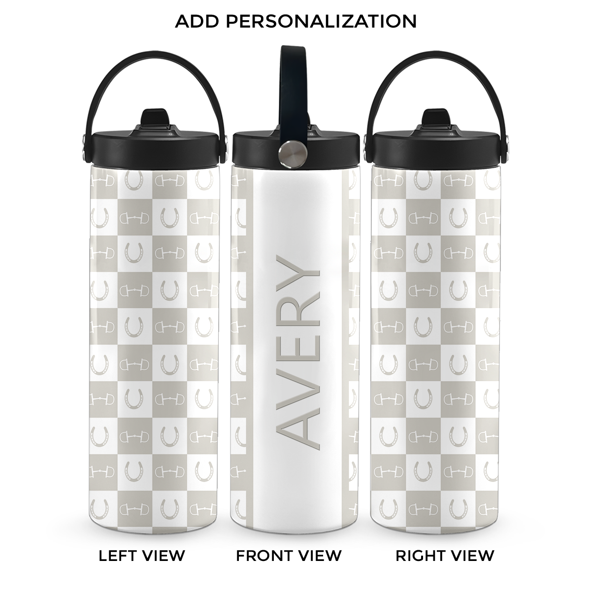 Grey Equestrian Checkered 20 oz Aluminum Water Bottle