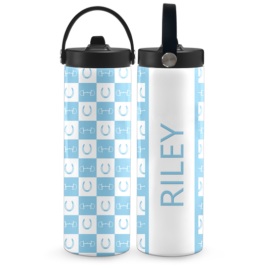Light Blue Equestrian Checkered 20 oz Aluminum Water Bottle