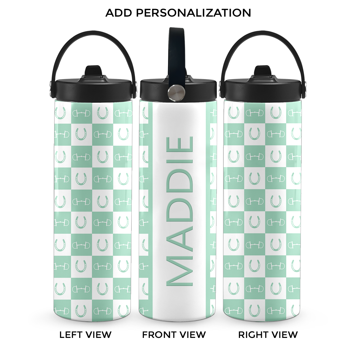 Mint Green Equestrian Checkered 20 oz Aluminum Water Bottle