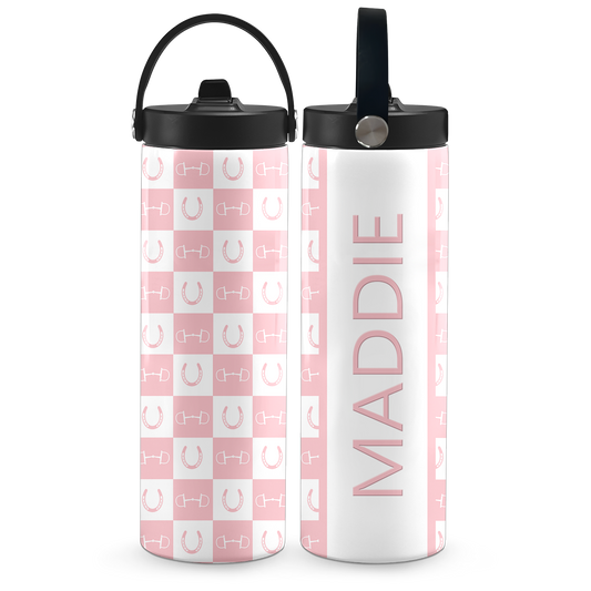 Pink Equestrian Checkered 20 oz Aluminum Water Bottle
