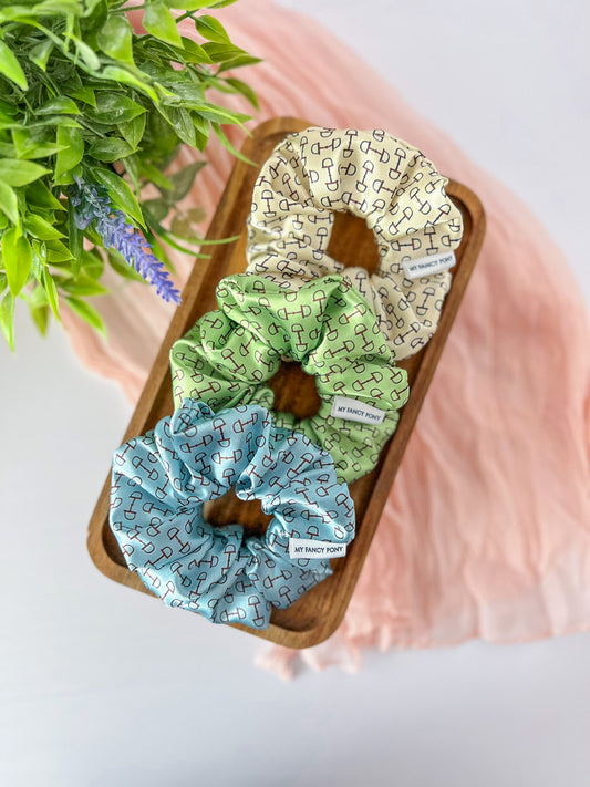 Equestrian Satin Scrunchies – Snaffle Bit Pattern