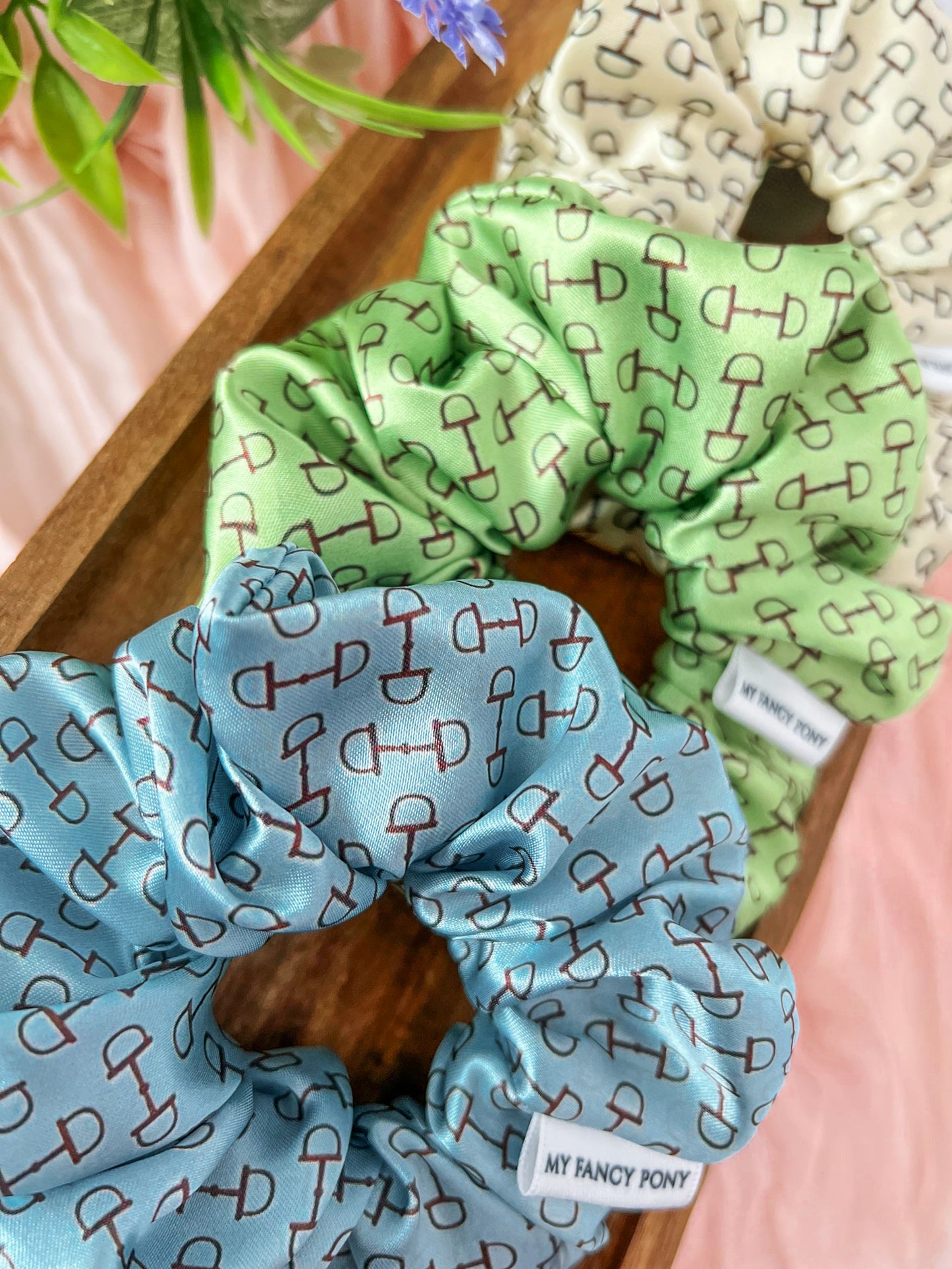 Equestrian Satin Scrunchies – Snaffle Bit Pattern