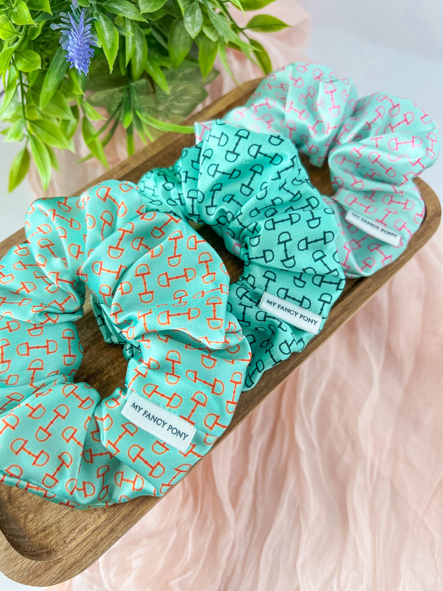 Equestrian Satin Scrunchies – Snaffle Bit Pattern