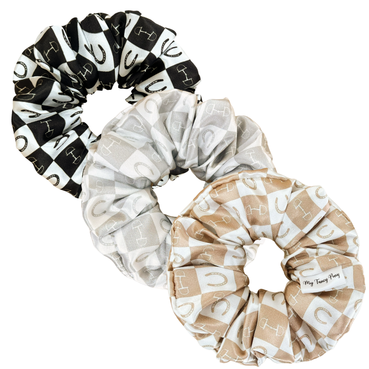 Neutral Equestrian Checkered Satin Scrunchie Collection Bundle
