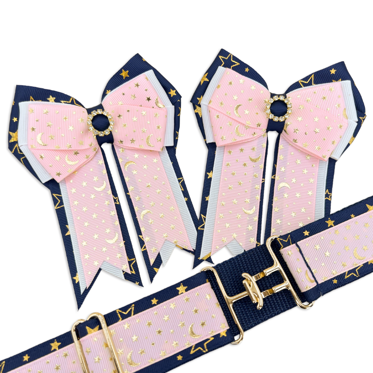 Pink, Gold & Navy Moon & Stars Horse Show Bows & Belt