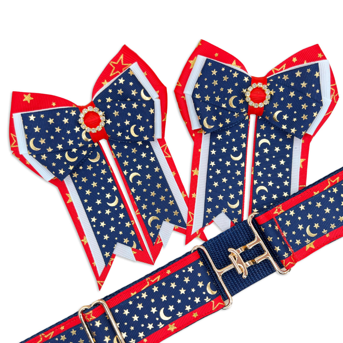 Navy, Gold & Red Moon & Stars Horse Show Bows & Belt