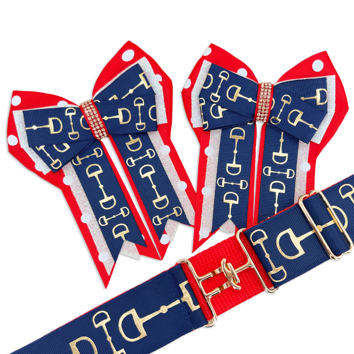 Red, Gold & Navy Bits Horse Show Bows & Belt