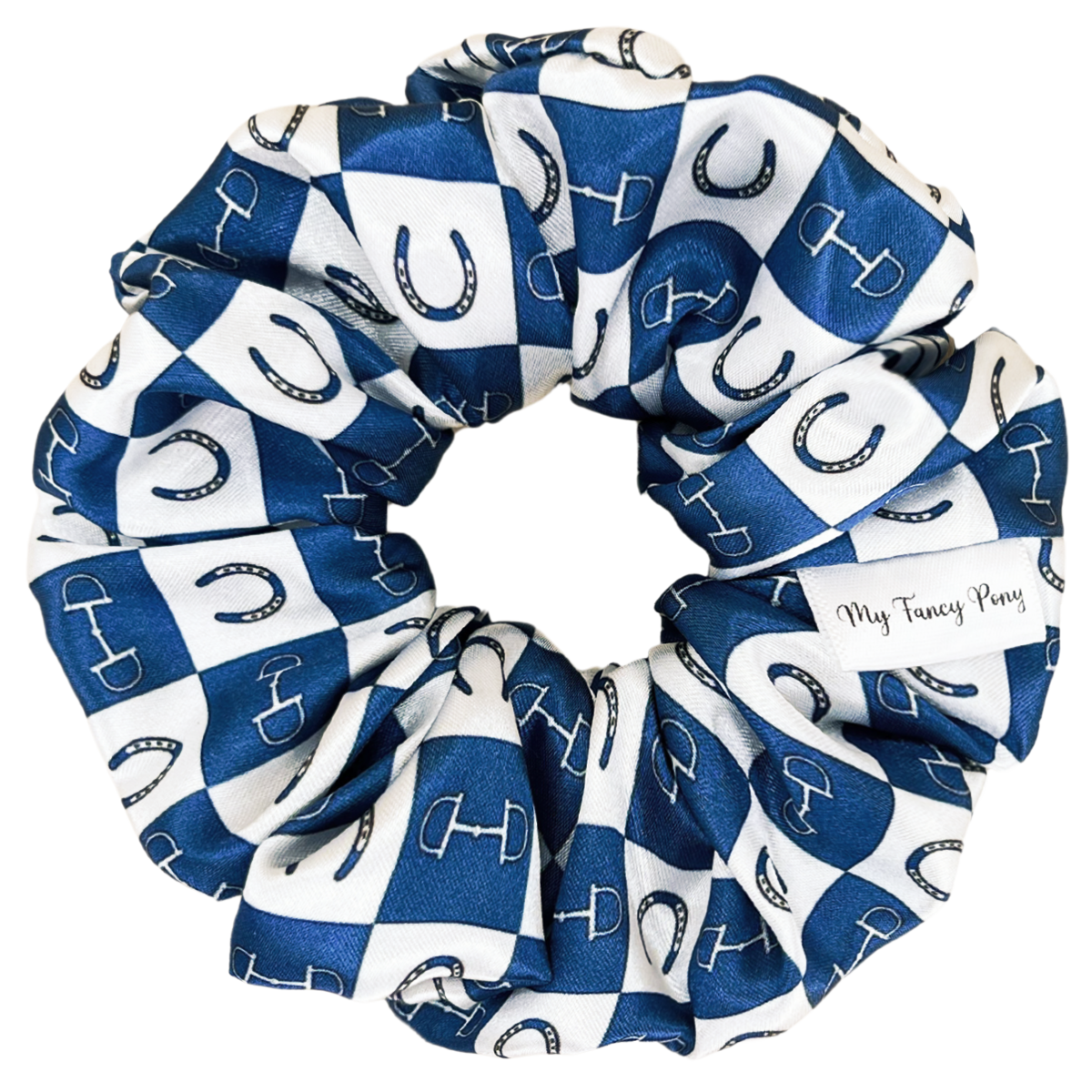 Dark Blue Equestrian Checkered Satin Scrunchie
