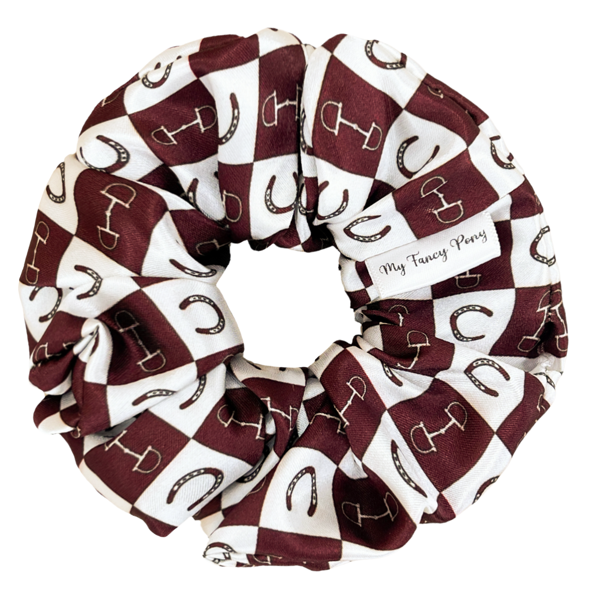 Deep Maroon Equestrian Checkered Satin Scrunchie