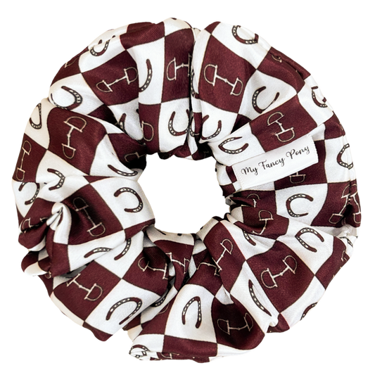 Deep Maroon Equestrian Checkered Satin Scrunchie