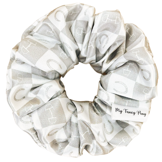 Grey Equestrian Checkered Satin Scrunchie