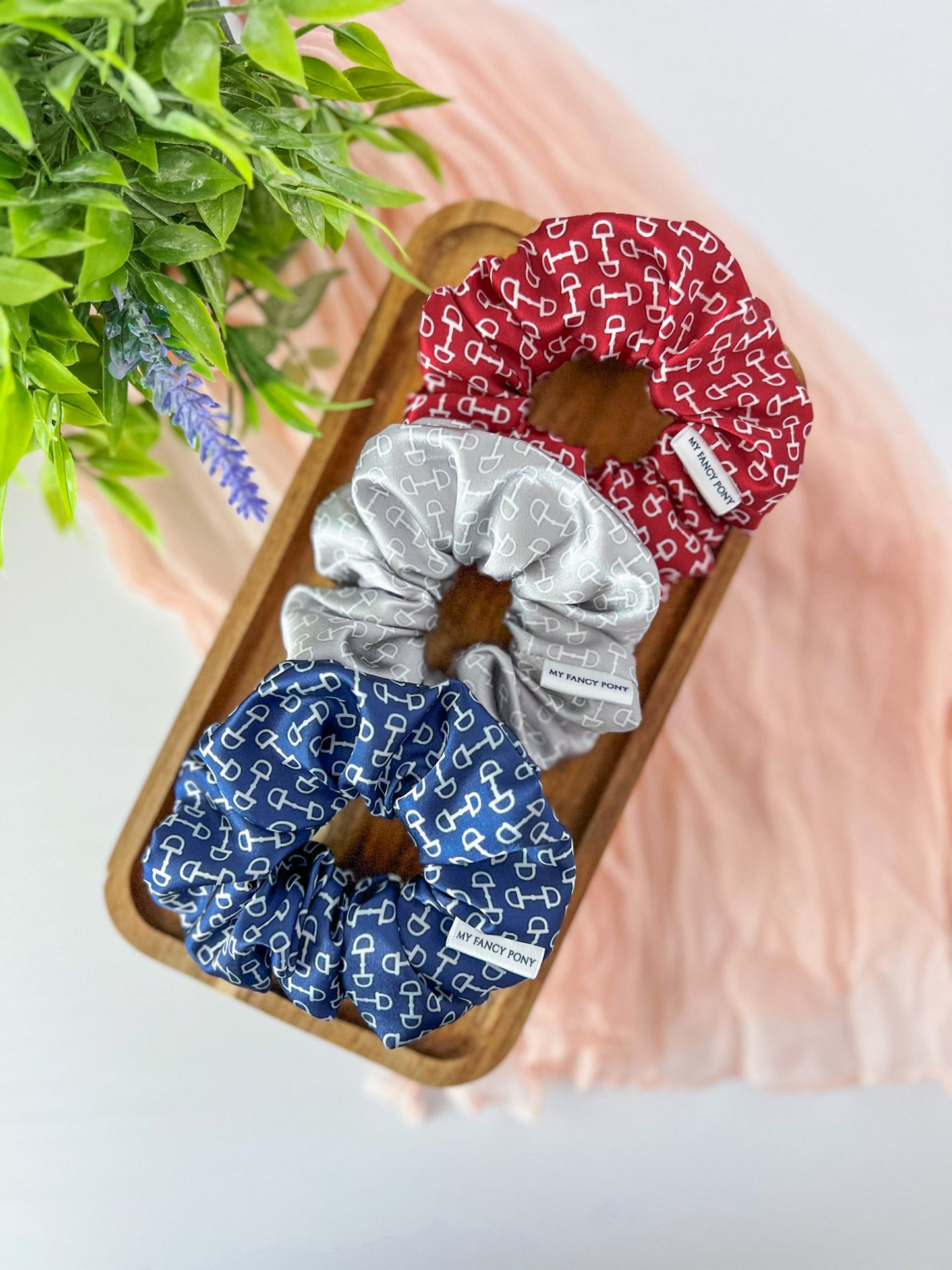 Equestrian Satin Scrunchies – Snaffle Bit Pattern