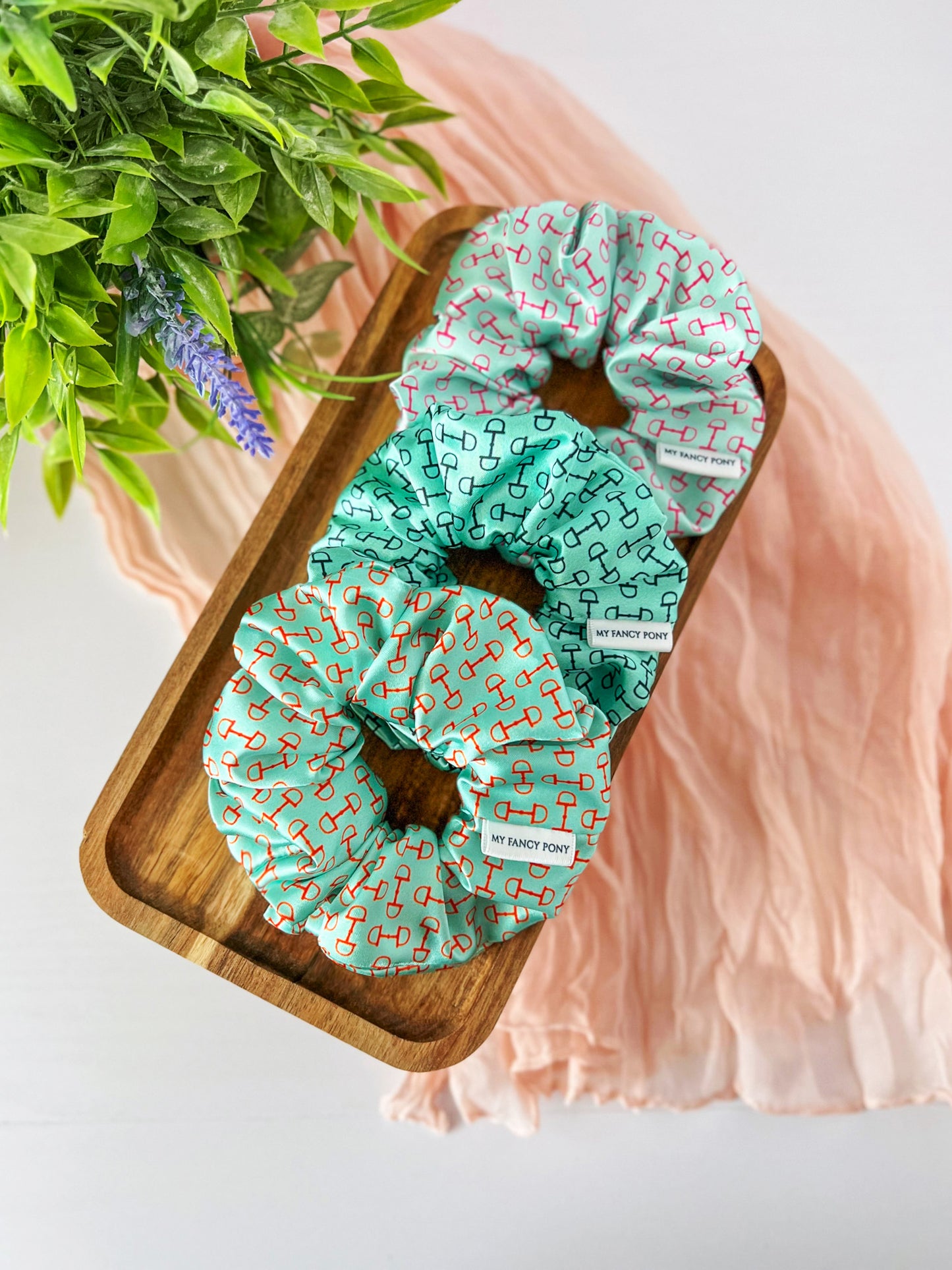 Equestrian Satin Scrunchies – Snaffle Bit Pattern