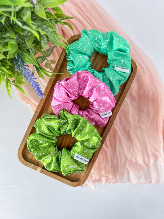 Equestrian Satin Scrunchies – Snaffle Bit Pattern