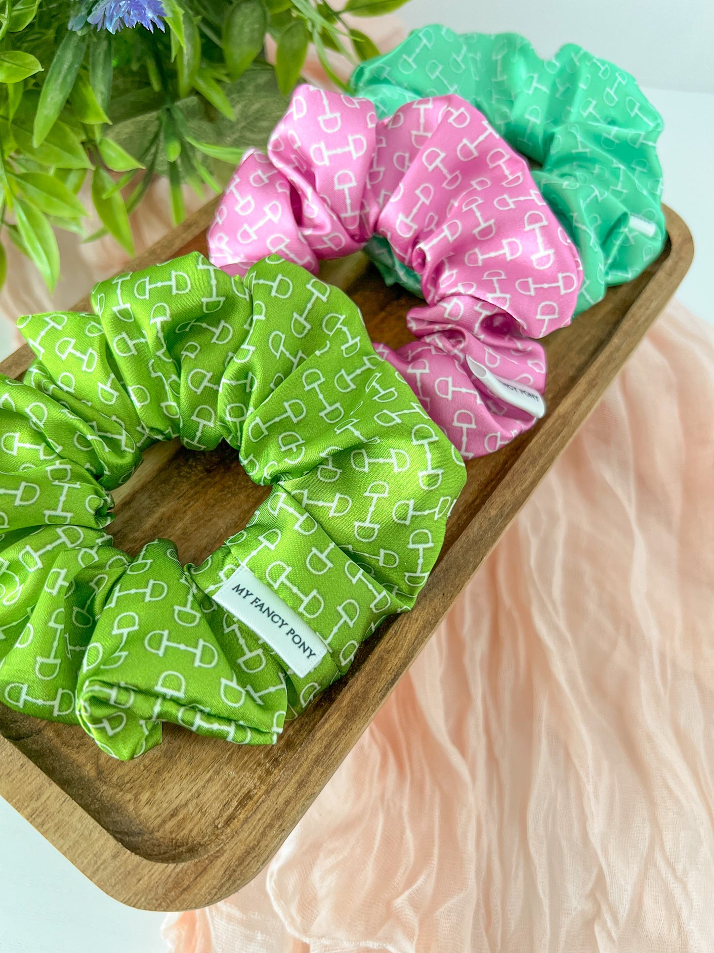 Equestrian Satin Scrunchies – Snaffle Bit Pattern